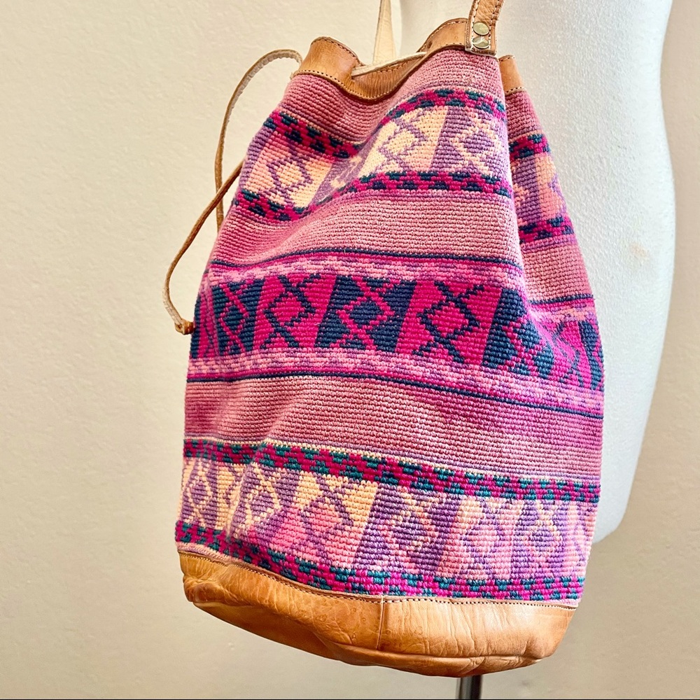 Mexican textile bag with leather detail / Bucket bag